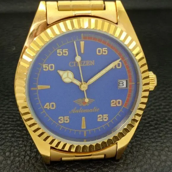 Vintage 1989 Citizen Automatic Mens Gold Watch W/daydate & Blue accents - Picture 4 of 8